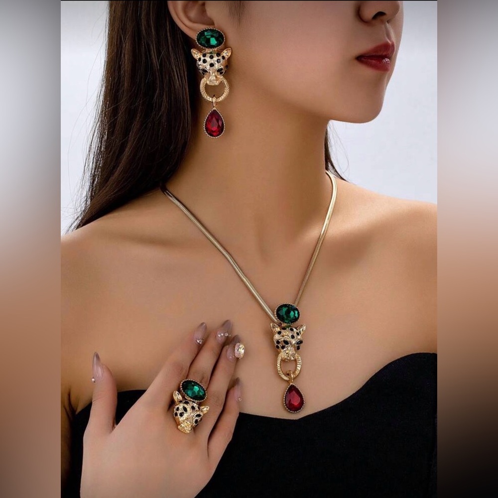 Gold Panther Pendant Necklace and Ring Set with Emerald and Ruby Stones